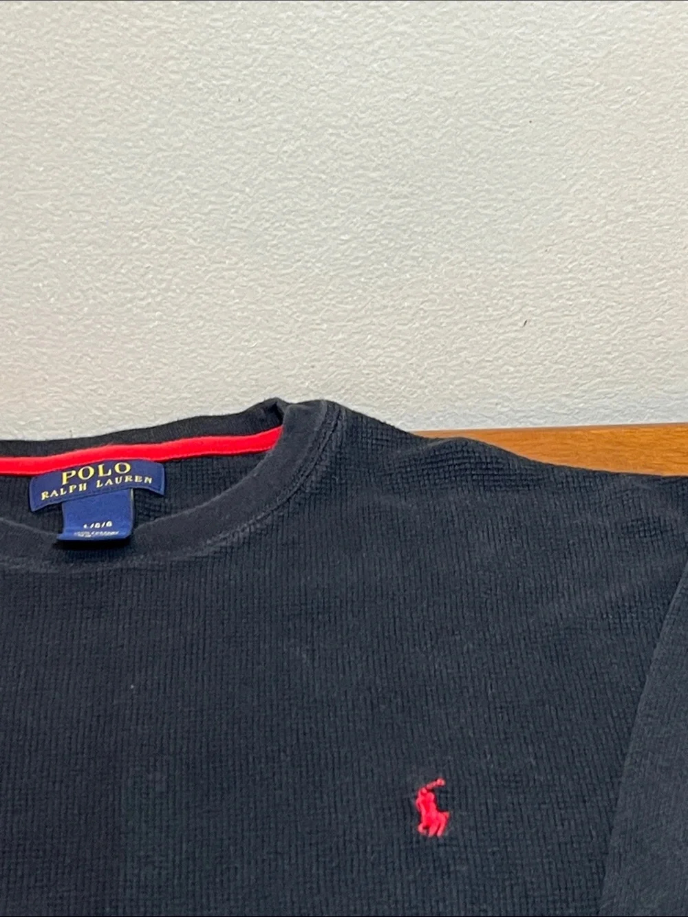 Polo by Ralph Lauren Navy Waffle-Knit Crewneck with Red Trim Size LARGE